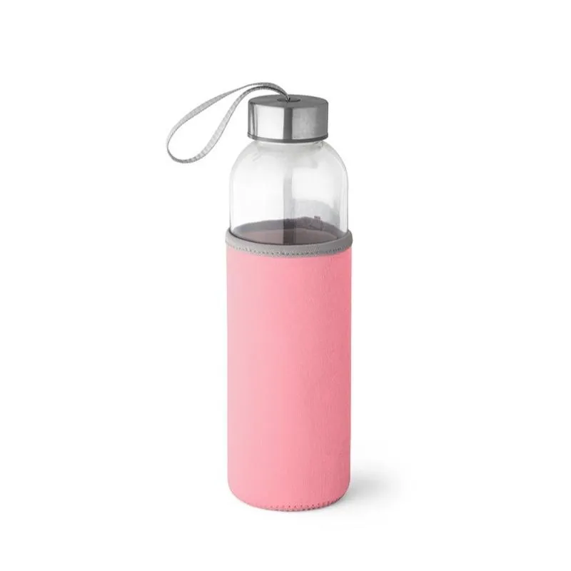 [6548] BOTELLA RAISE CRISTAL 520 ML CON FUNDA ROSA 6.5 X 22.5 CM - Para DTF UV - SERIGRAFIA
