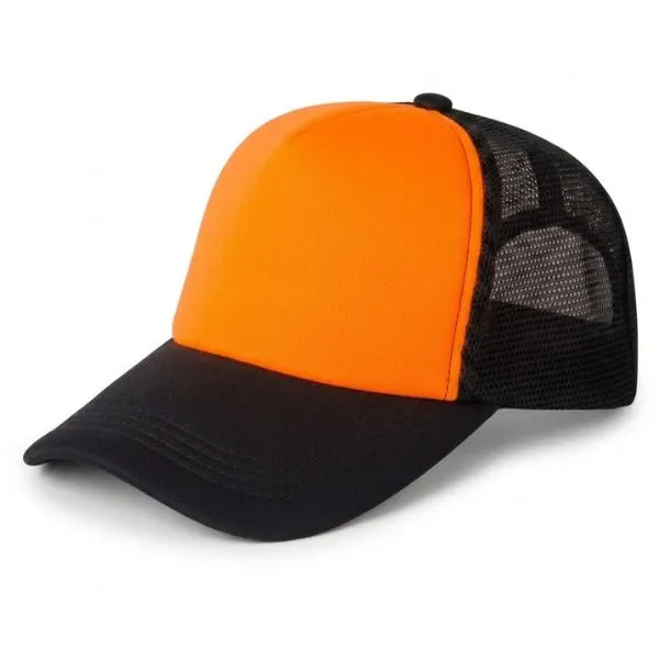 [1238] G06 Gorra Trucker Vicera y Red NEGRA Frente NARANJA FLUO