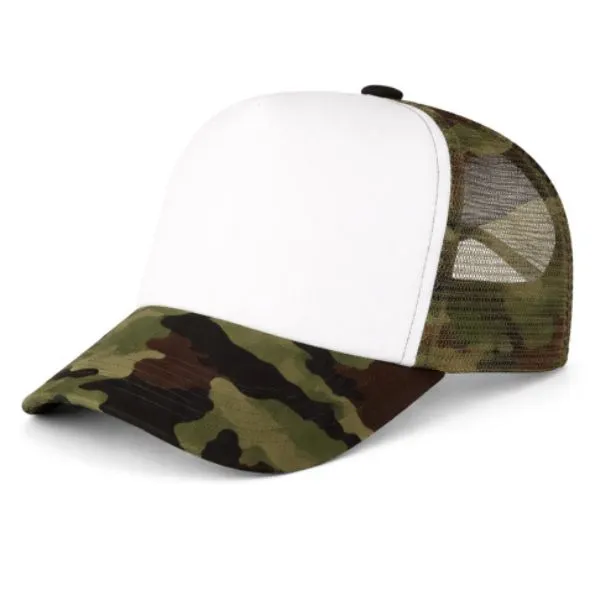 [2132] G06 Gorra Trucker Vicera y Red VERDE CAMUFLADO Frente BLANCA