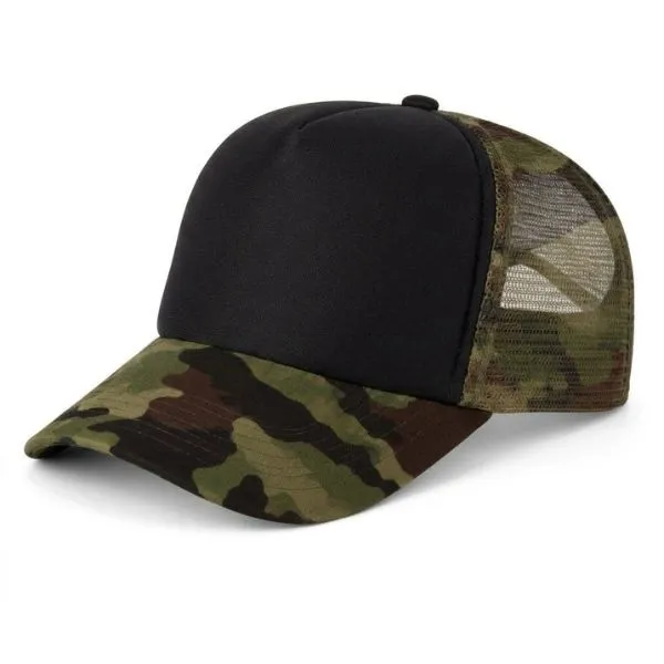 [5160] G06 Gorra Trucker Vicera y Red VERDE CAMUFLADO Frente NEGRO